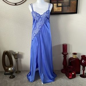 Vintage Periwinkle Lace Slit Long Maxi Nightgown Chemise Slip Dress Lingerie
